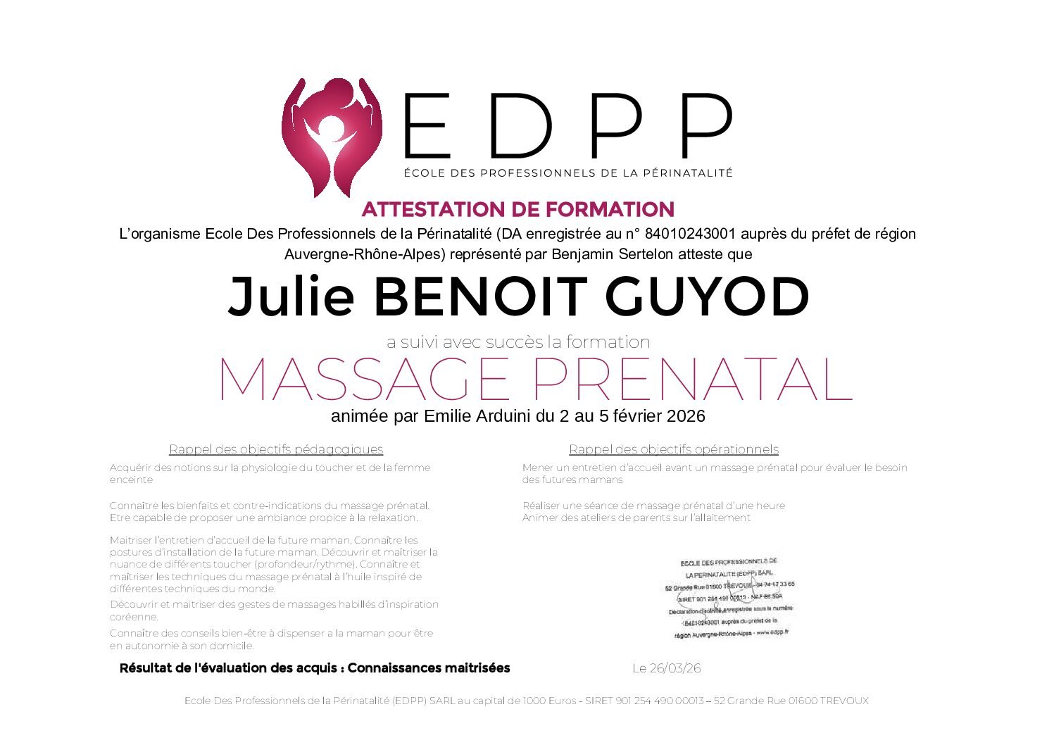 Attestation MPN Julie BENOIT GUYOD