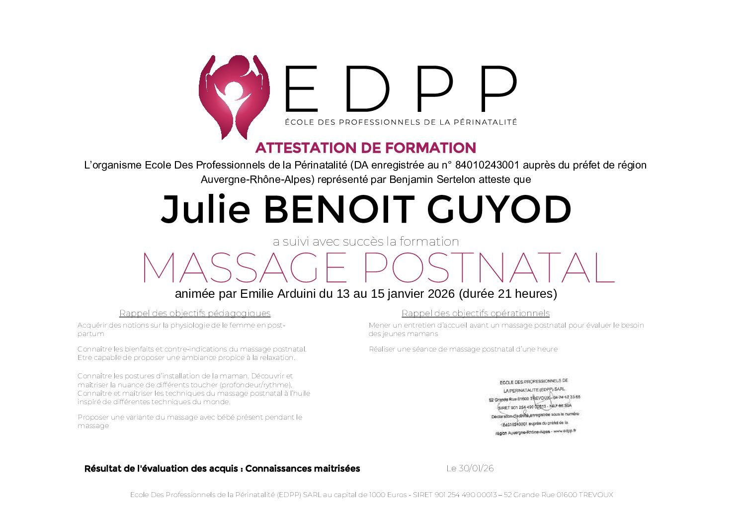 Attestation MPOST Julie BENOIT GUYOT